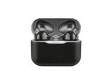 une paire d'AirPods noirs posés sur une surface blanche
