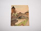 a picture of a painting of a bridge over a river
