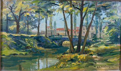 une peinture à l'huile représentant un pont enjambant une rivière, entouré d'arbres