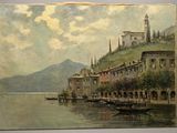 painting of a view of a town on a lake with a boat in the foreground