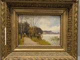 un tableau représentant un sentier menant à un plan d'eau