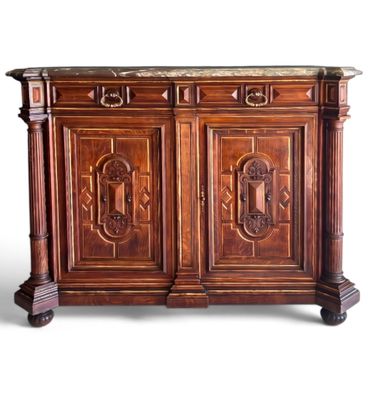 une image représentant une armoire en bois avec un plateau en marbre, sur fond blanc