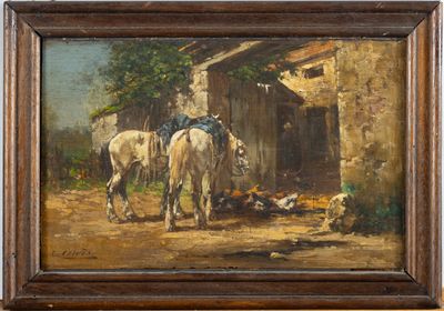 une peinture à l'huile représentant deux chevaux devant un bâtiment