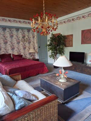 un salon avec un canapé et un lit