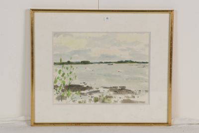 peinture représentant une vue sur un plan d'eau avec un bateau au loin