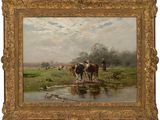 tableau représentant un groupe de vaches dans un champ près d'un ruisseau