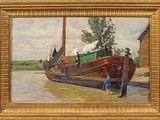 a painting of a boat that is sitting on the water