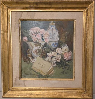 une photo représentant un tableau représentant des fleurs et un livre