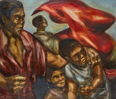 une peinture à l'huile représentant un homme tenant un enfant et un drapeau