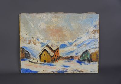 une peinture à l'huile représentant un petit village sous la neige