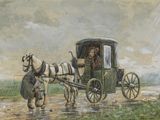 une peinture représentant une calèche tirée par des chevaux sur un chemin de terre