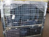 a luggage cart with luggage inside of it in a warehouse