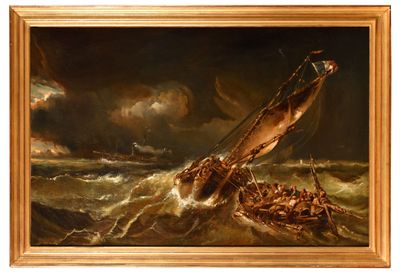 une peinture à l'huile représentant une mer agitée avec un bateau au premier plan