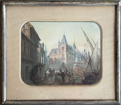 painting of a city street with a clock tower in the background