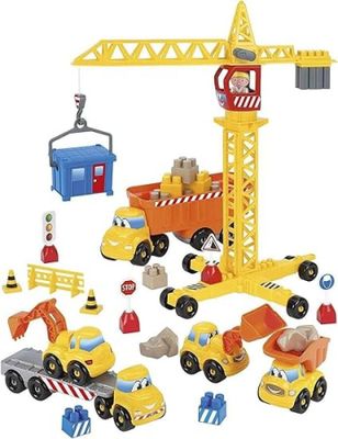 un jeu de construction comprenant une grue et des engins de chantier