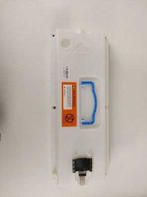 a plastic container with a blue handle next to a plastic container with a blue handle