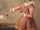 painting of a man pouring wine into a glass with another man standing beside him