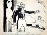 drawing of a cartoon of a man and a woman standing in front of a building