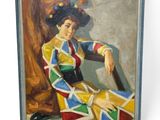 a painting of a woman in a colorful dress sitting on a chair