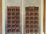 an old picture of two tall buildings in a frame on a wall