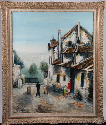 une peinture à l'huile représentant un homme et une femme marchant dans une rue