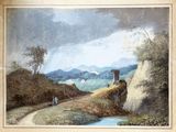 tableau représentant un paysage avec un homme et une femme marchant sur un sentier