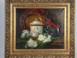 an oil painting of a vase and flowers on a table