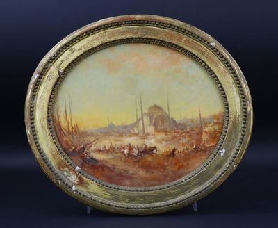 une image représentant une peinture sur une plaque en or, avec, en arrière-plan, une peinture représentant une ville