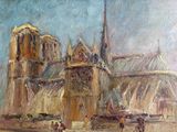 painting of a painting of a cathedral with people walking in front of it