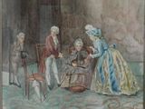 a painting of a group of people sitting around a table