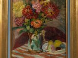 a painting of flowers in a vase on a table