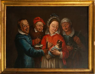 an image of a painting of a group of people holding a dog