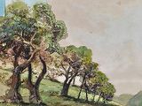 une photo d'un tableau représentant des arbres dans un champ