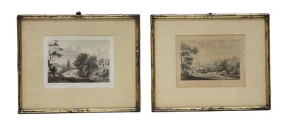 two framed prints of trees and a river in a gold frame