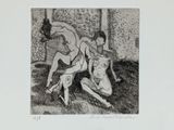 drawing of a woman sitting on a bed next to a man on a horse