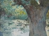 a watercolor painting of a tree by the water