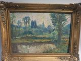 an oil painting of a landscape with trees in a gold frame