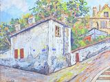 painting of a painting of a street scene with a building and stairs