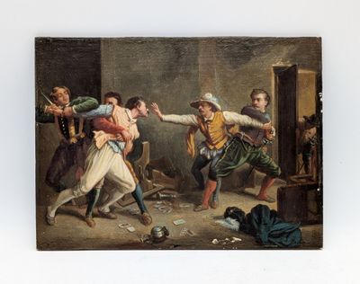 a painting of a group of men fighting in a room