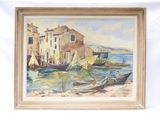 une peinture à l'huile représentant des bateaux sur l'eau devant un bâtiment