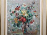 an oil painting of a vase of flowers on a table