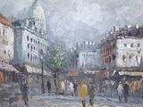 an oil painting of a city street with people walking on the sidewalk