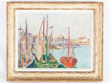 an oil painting of boats docked in a harbor with buildings in the background