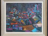 an oil painting of a cityscape in a frame on a wall