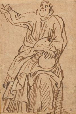 un vieux dessin représentant un homme assis sur une chaise, tenant un oiseau dans ses mains