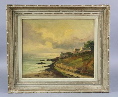 un tableau représentant un paysage avec une maison au bord de l'eau