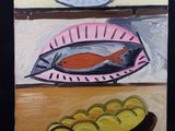 une peinture représentant un poisson et une assiette de nourriture posée sur une table