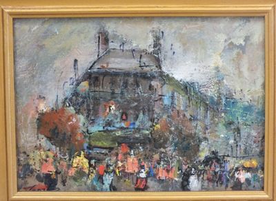 une peinture à l'huile représentant une foule de personnes marchant dans une rue