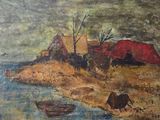 a painting on the wall of a house by the water
