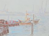 painting of boats docked in a harbor with a city in the background